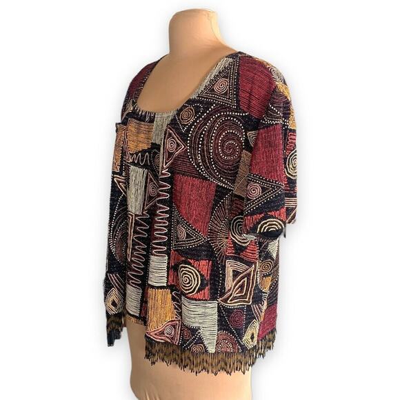 Vintage Beaded Abstract Tribal Art Cardigan Tank Set Burgundy Black Large - Picture 5 of 13